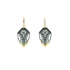 Pair of black and 24k gold Keum-boo Cocoon butterfly dangle earrings on a white background | Camille Torres Designs