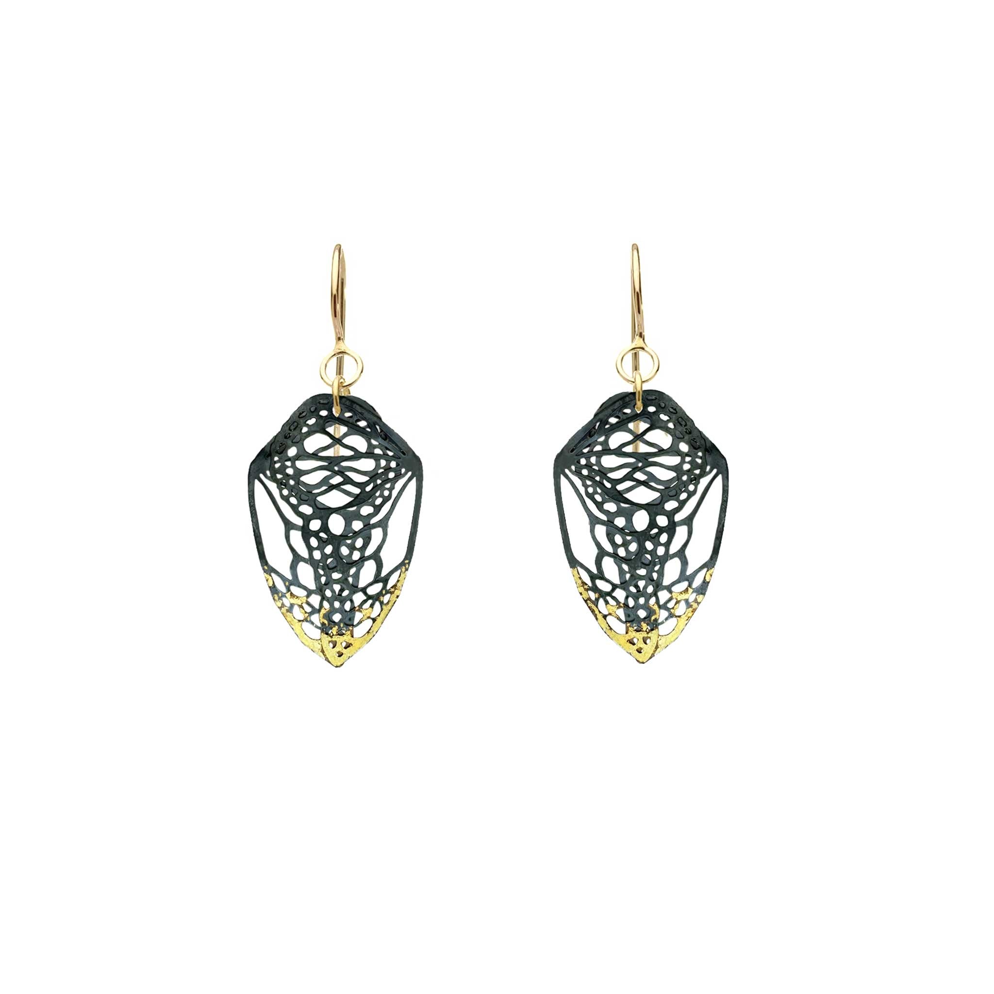 Pair of black and 24k gold Keum-boo Cocoon butterfly dangle earrings on a white background | Camille Torres Designs