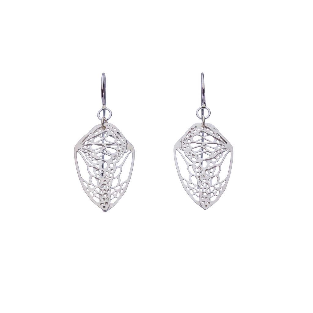Pair of silver butterfly Cocoon drop earrings on a white background