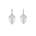 Pair of silver butterfly Cocoon drop earrings on a white background