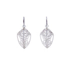 Pair of silver butterfly Cocoon drop earrings on a white background