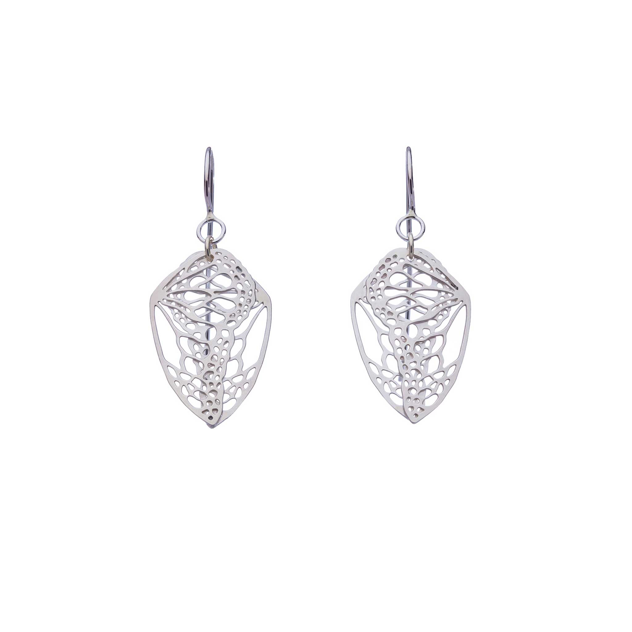 Pair of silver butterfly Cocoon drop earrings on a white background