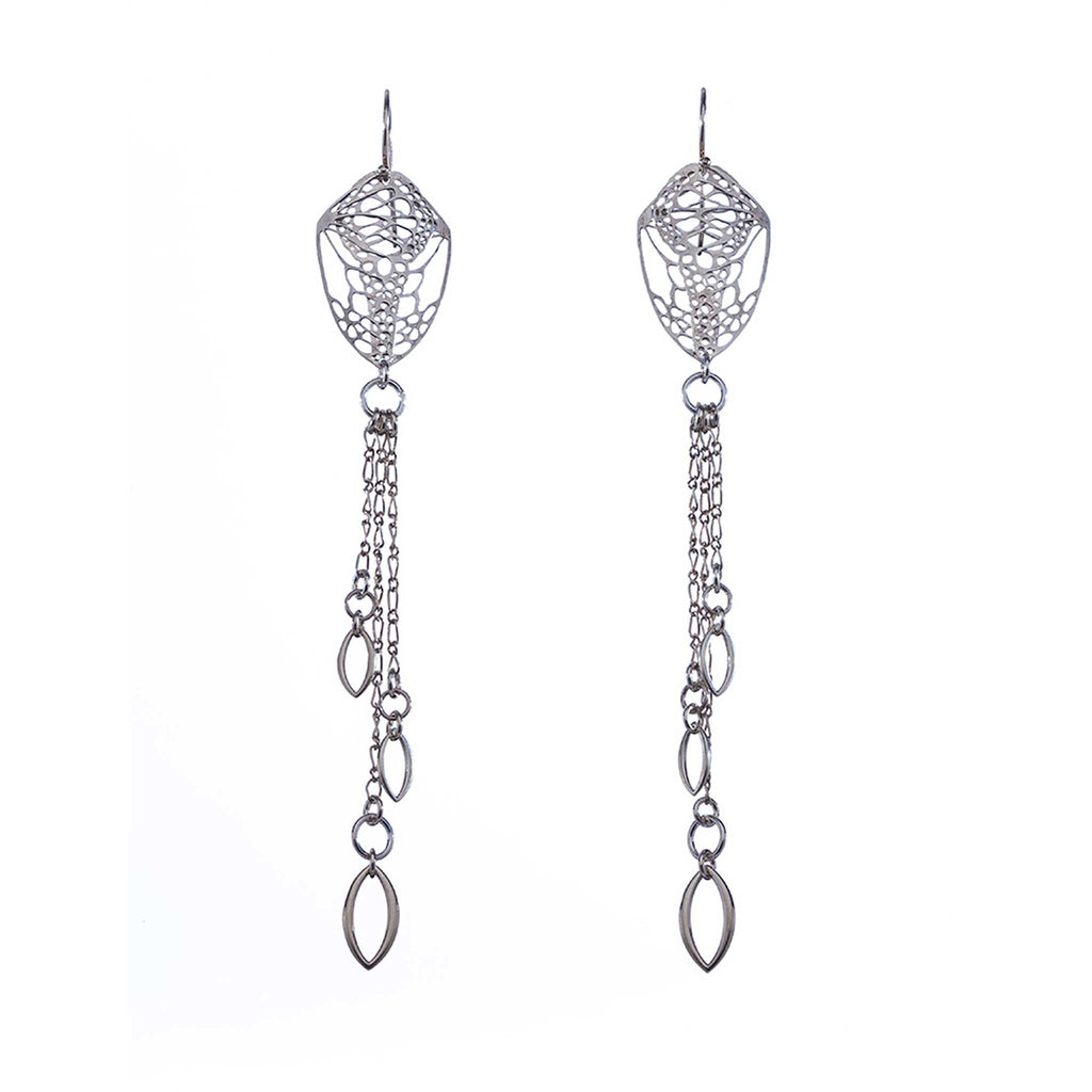 Pair of silver cocoon butterfly chandelier earrings with tassels, finished with a marquise charm on a white background | Camille Torres Designs