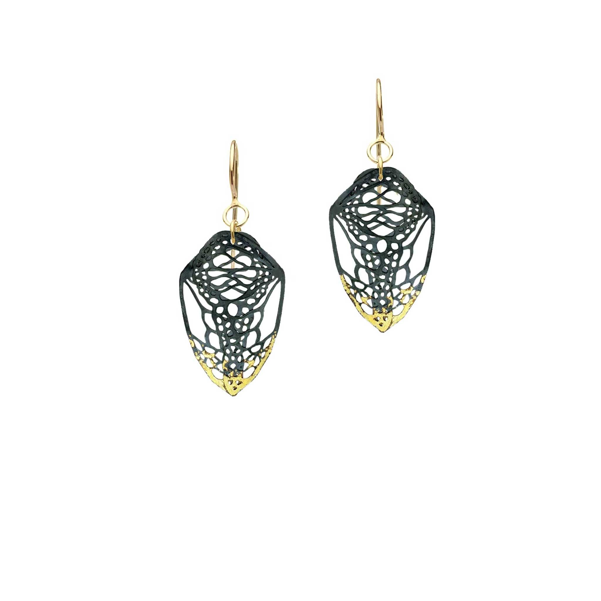 Black and gold geometric Cocoon butterfly earrings on a white background
