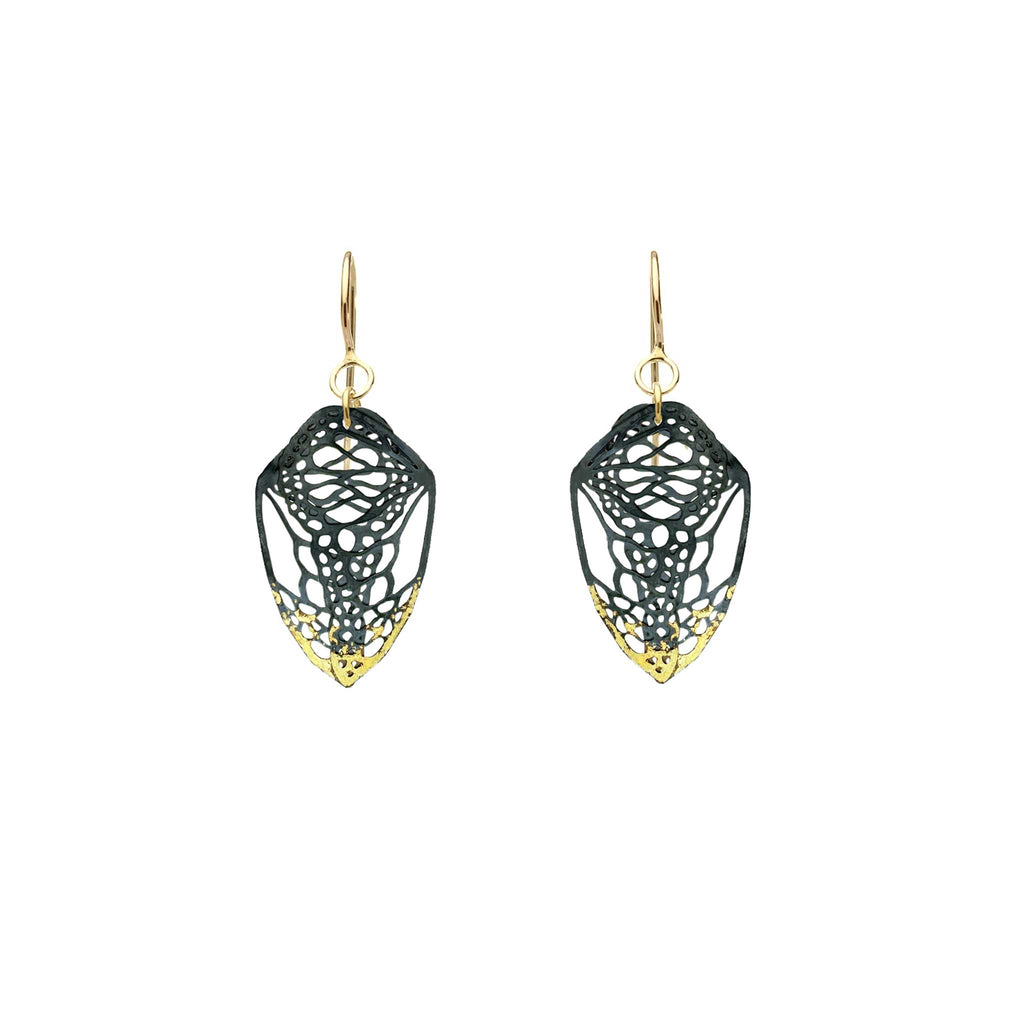 Pair of black and 24k gold Keum-boo Cocoon butterfly earrings on a white background