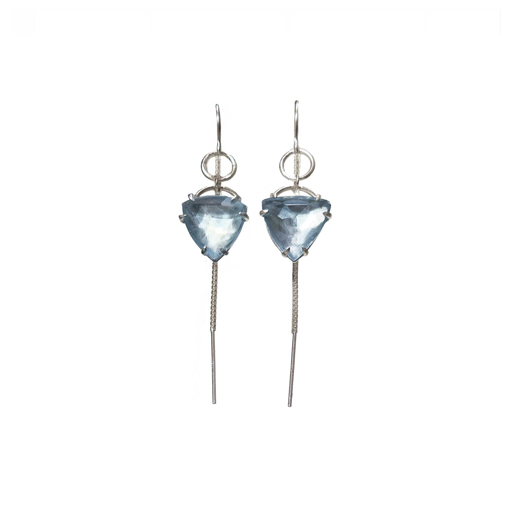 Full view of Falling Sky threader earring showing 1-inch topaz drop and 2-inch chain drape