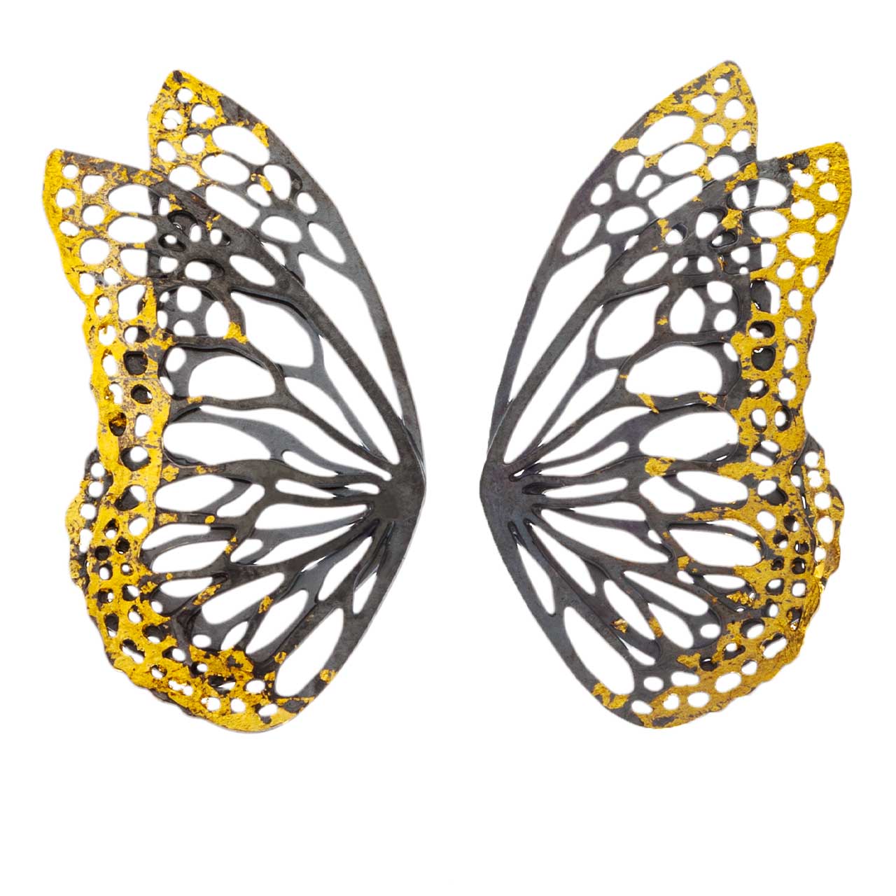 Pair of Flight Keum-boo butterfly ear crawlers, 24K gold permanently fused to oxidized sterling silver, artisan handcrafted
