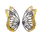 Flight monarch butterfly wings earrings with gold and black patterns on a white background