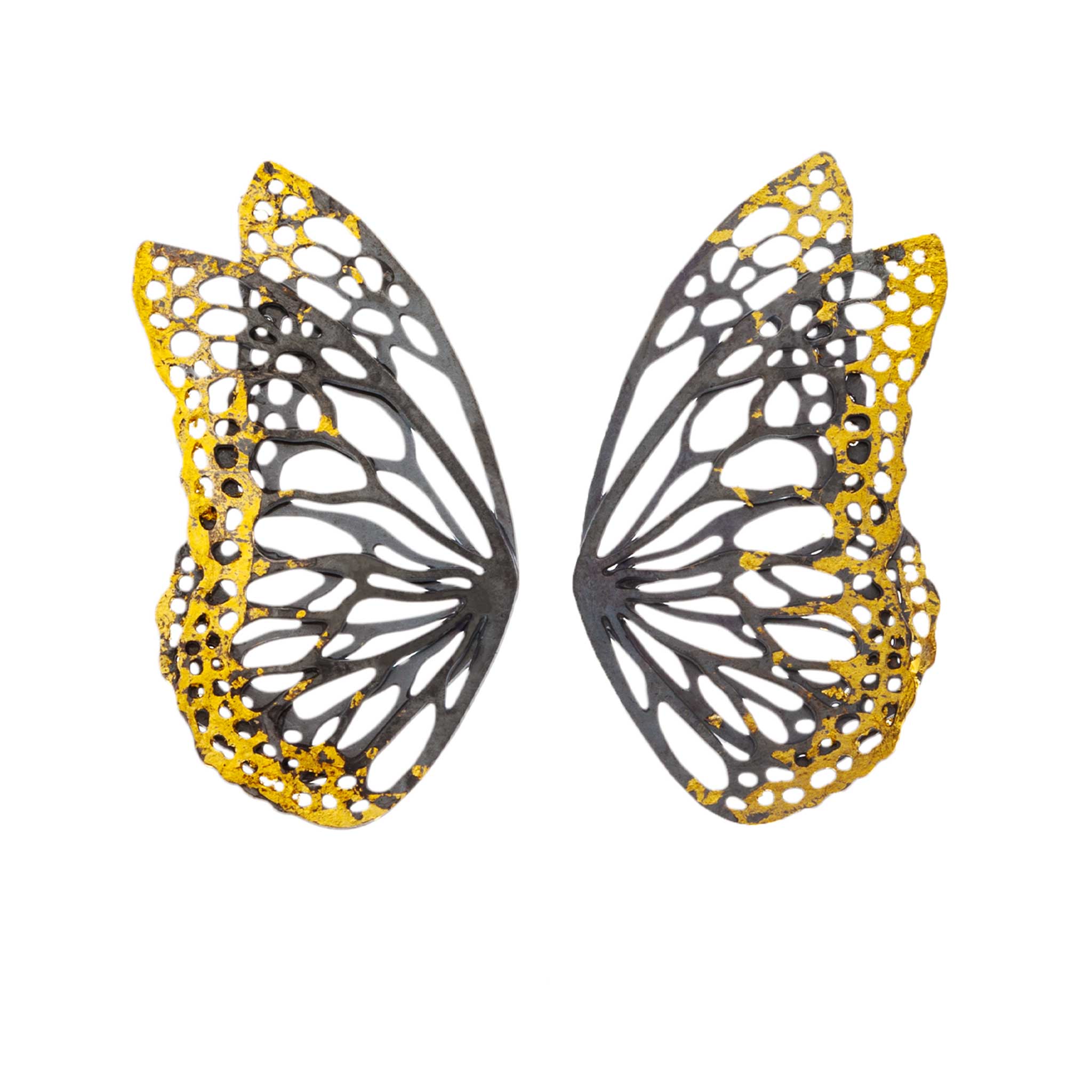 Flight monarch butterfly wings earrings with gold and black patterns on a white background