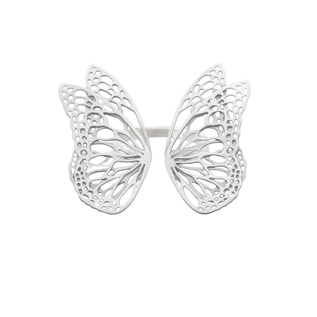 Flight butterfly ring in bright sterling silver with intricate cutout wing pattern, 1-inch adjustable band over a white background | Camille Torres Designs