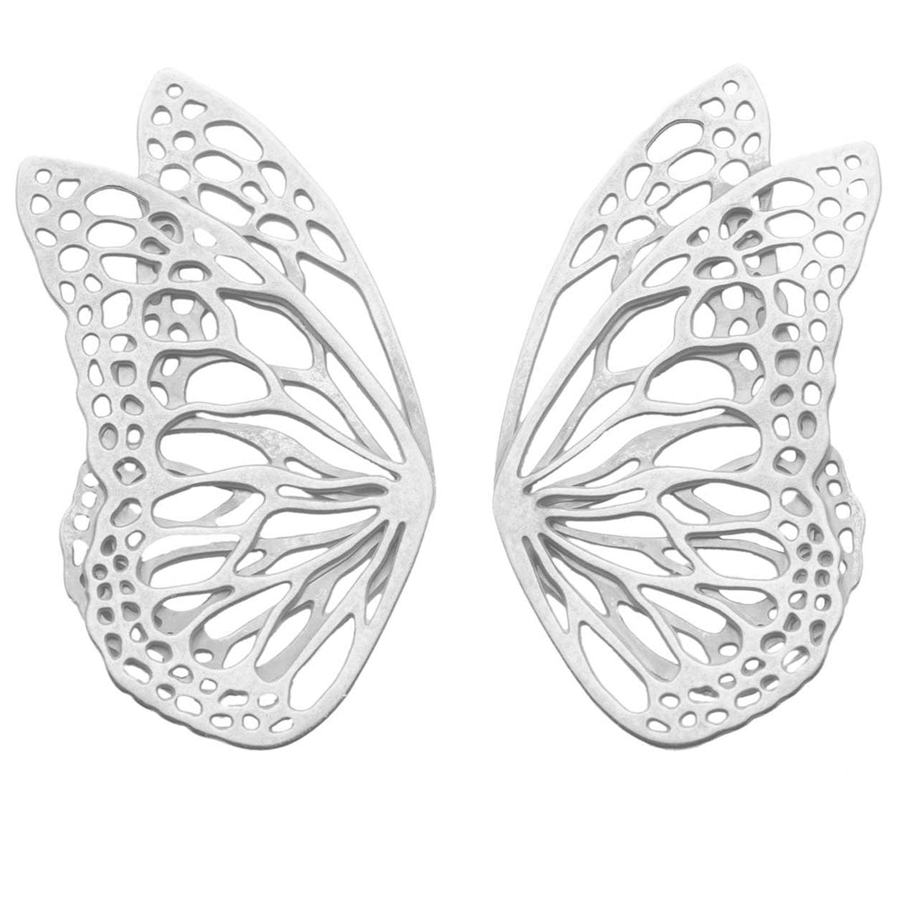 Flight monarch ear crawlers in oxidized  silver on a white background