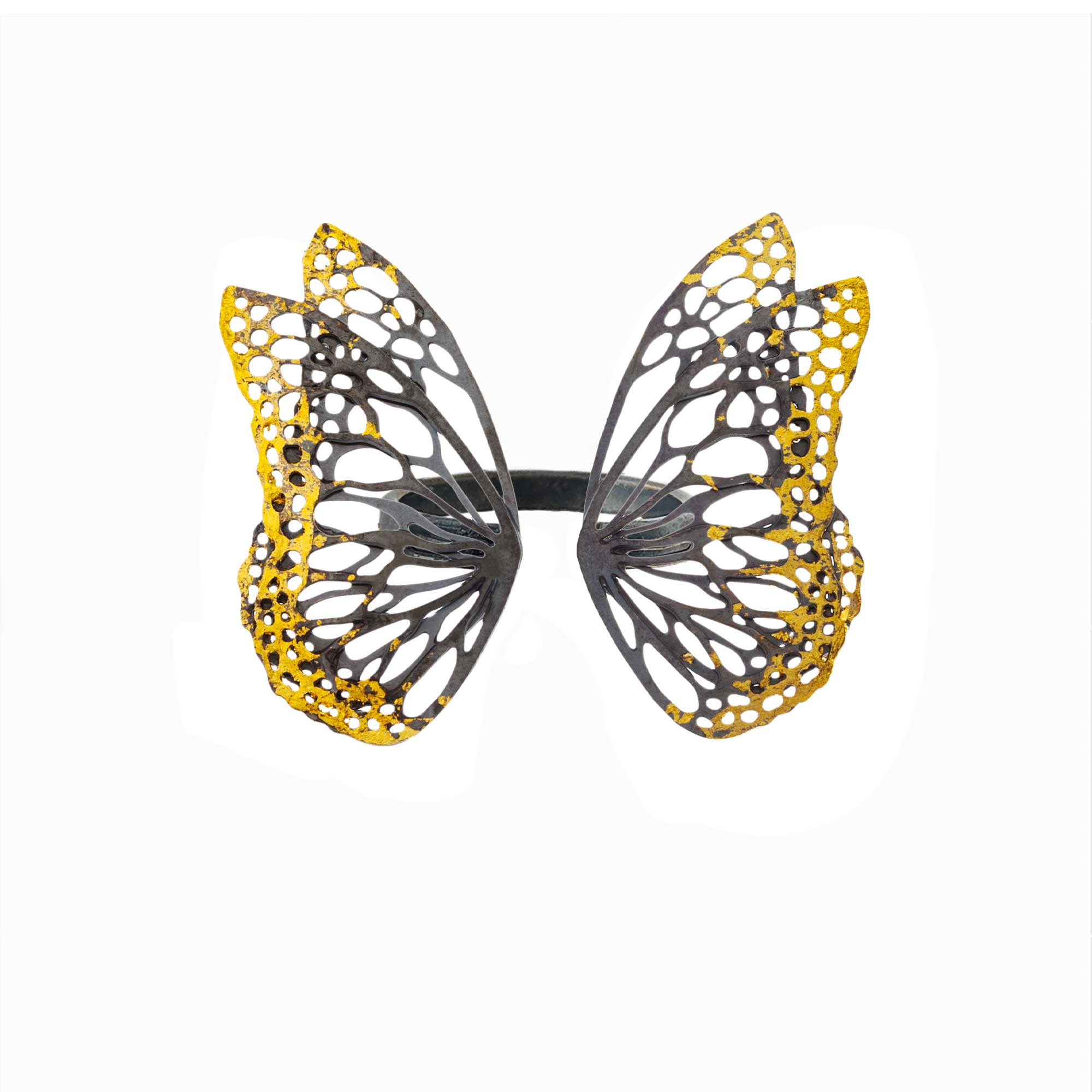 Migration adjustable Keum-boo statement ring with 24k gold 14k gold and black silver over a white background. | Camille Torres Designs