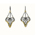 Flutter lace-like butterfly earrings in mixed metal with 24k gold, 14k gold and oxidized silver over a white background