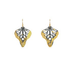 Metamorphosis butterfly earrings with mixed metal 24k gold and silver with 14k gold filled ear wires on a white background 