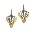 Metamorphosis butterfly earrings with 24k gold and silver earrings with 14k gold and diamonds on a white background 
