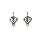 Metamorphosis butterfly drop earrings in oxidized sterling silver with intricate lace wing pattern, 1.5 inches with diamond accent gold ear wires | Camille Torres Designs