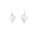 Metamorphosis butterfly dangle earrings in silver with intricate lace wing pattern, 1.5 inches with gold ear wires | Camille Torres Designs
