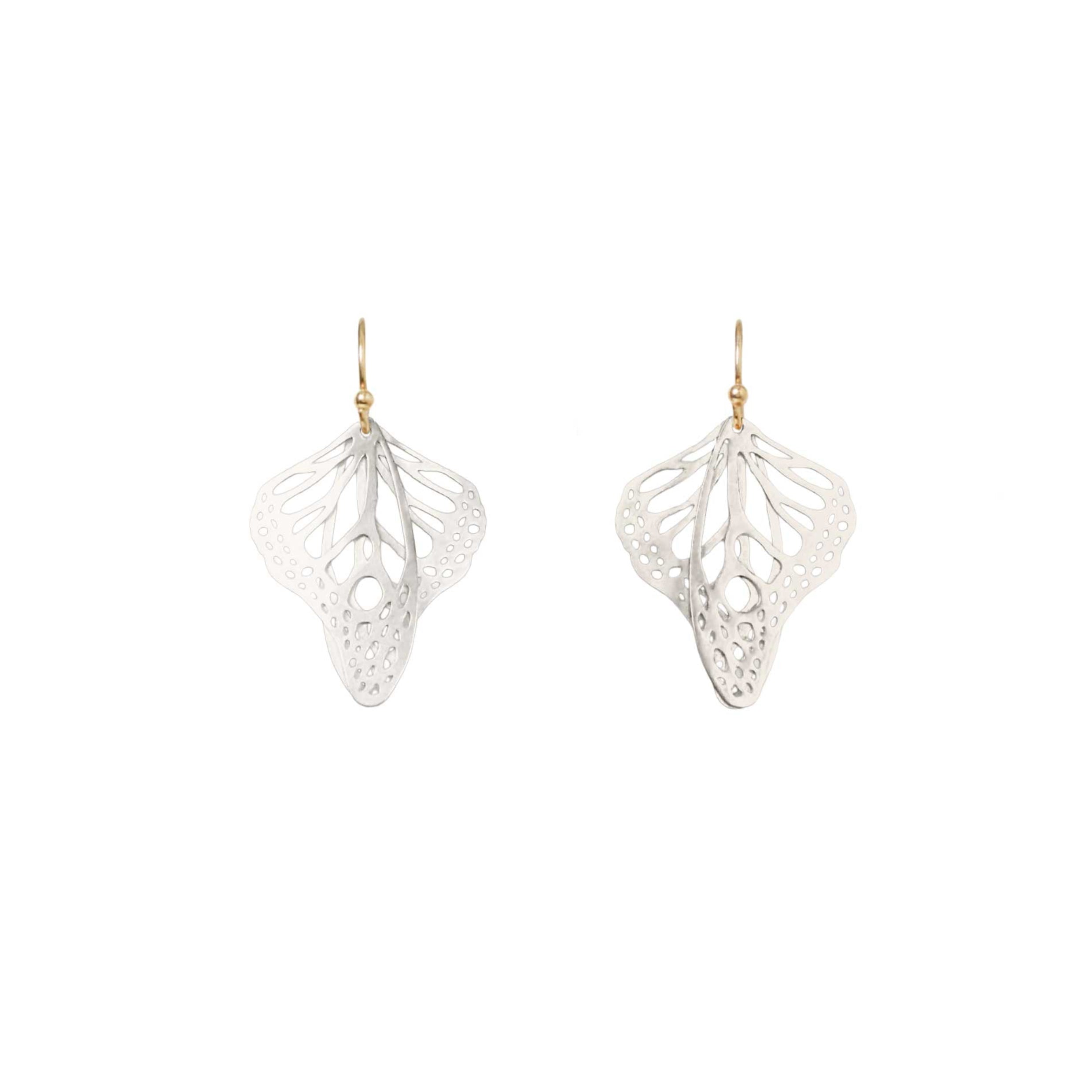 Metamorphosis butterfly dangle earrings in silver with intricate lace wing pattern, 1.5 inches with gold ear wires | Camille Torres Designs