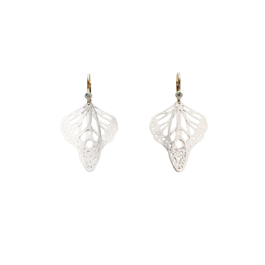 Metamorphosis butterfly drop earrings in silver with intricate lace wing pattern, 1.5 inches with diamond accent gold ear wires | Camille Torres Designs