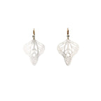Metamorphosis butterfly drop earrings in silver with intricate lace wing pattern, 1.5 inches with diamond accent gold ear wires | Camille Torres Designs