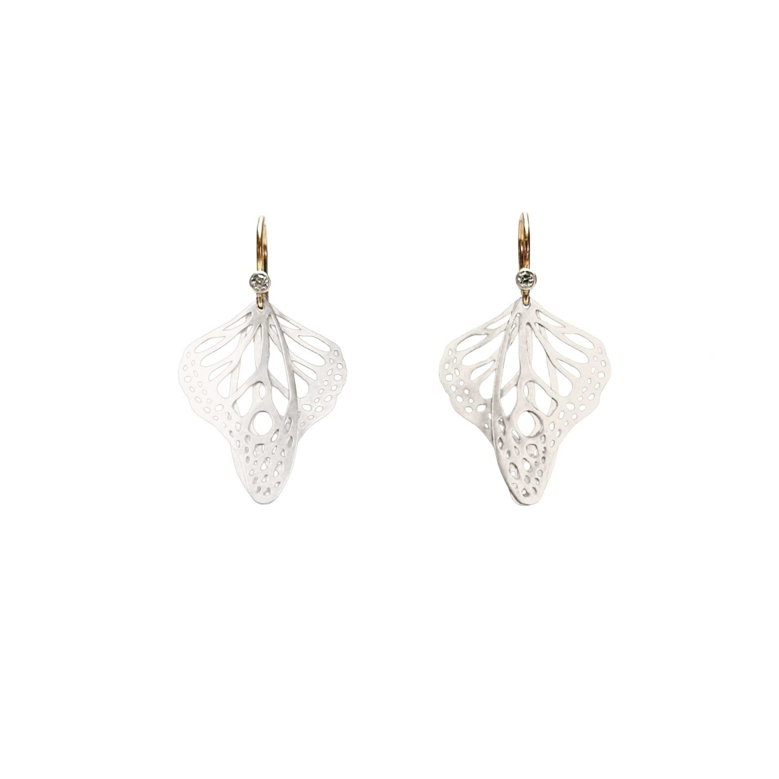 Metamorphosis butterfly drop earrings in silver with intricate lace wing pattern, 1.5 inches with diamond accent gold ear wires | Camille Torres Designs