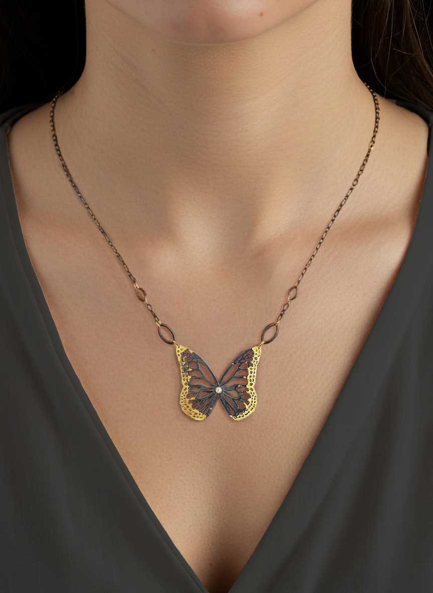 Migration Butterfly Necklace - 24k Gold and Silver with Gemstone Options