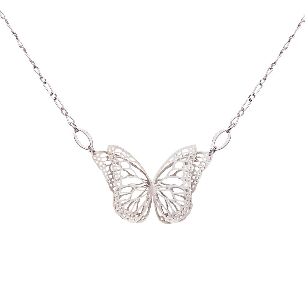The Migration bright silver butterfly pendant necklace with overlapping 2 wing design, suspended from a delicate silver chain against a plain white background.