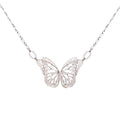 The Migration bright silver butterfly pendant necklace with overlapping 2 wing design, suspended from a delicate silver chain against a plain white background.