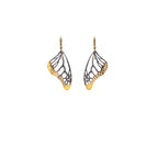 Pair of Monarch butterfly-wing shaped earrings in black and gold on a white background