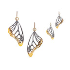 Monarch butterfly keum-boo gold and black wing earrings in large and small sizes on a white background
