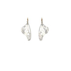 Handmade small Monarch butterfly dangle earrings in sterling silver with 14k gold and diamond ear wires over a white background | Camille Torres Designs