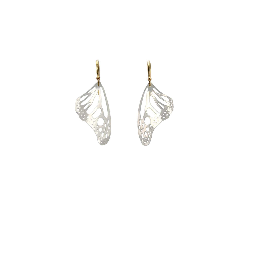 Handmade small Monarch butterfly drop earrings in sterling silver with 14k gold ear wires over a white background | Camille Torres Designs