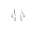 Handmade small Monarch butterfly drop earrings in sterling silver with 14k gold ear wires over a white background | Camille Torres Designs