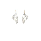 Handmade small Monarch butterfly drop earrings in sterling silver with 14k gold ear wires over a white background | Camille Torres Designs