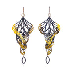 Overwinter chandelier monarch butterfly earrings with 24k gold keum-boo on a white background