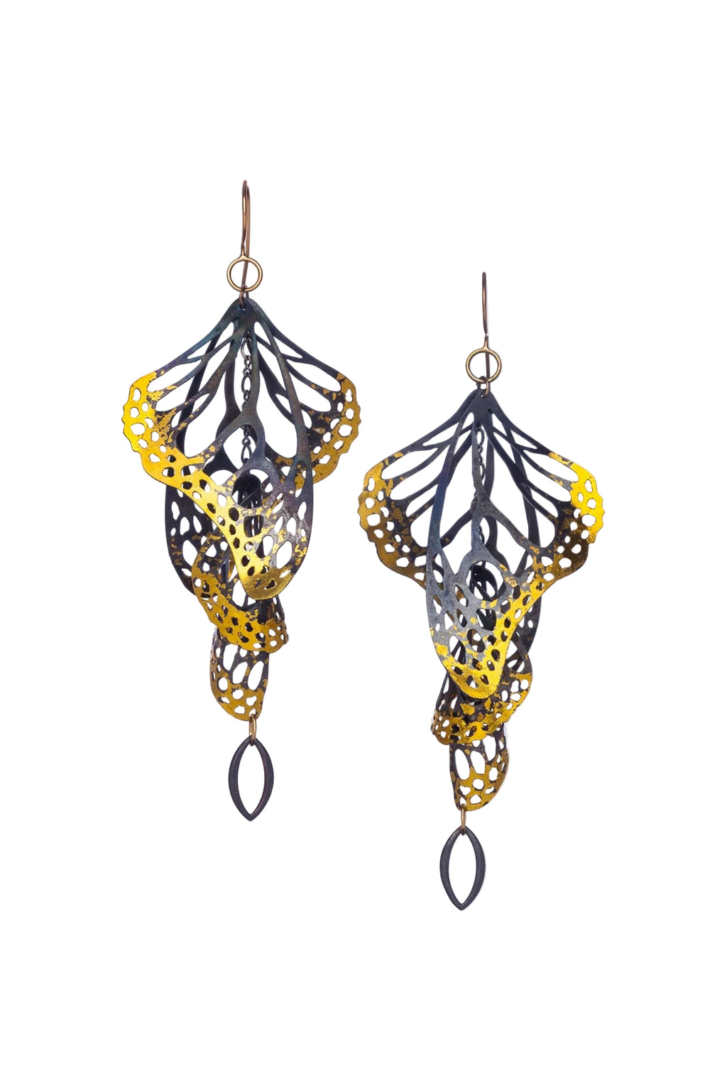Pair of Overwinter chandelier monarch butterfly earrings with 24k gold keum-boo on a white background