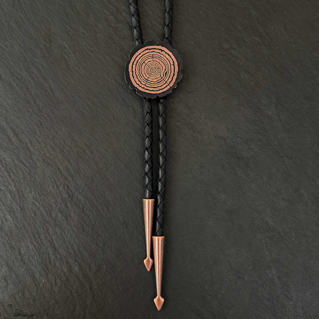 Redwood Slice Bolo Tie – Etched Copper | Braided Leather Cord