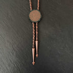 Redwood Slice Bolo Tie – Etched Copper | Braided Leather Cord