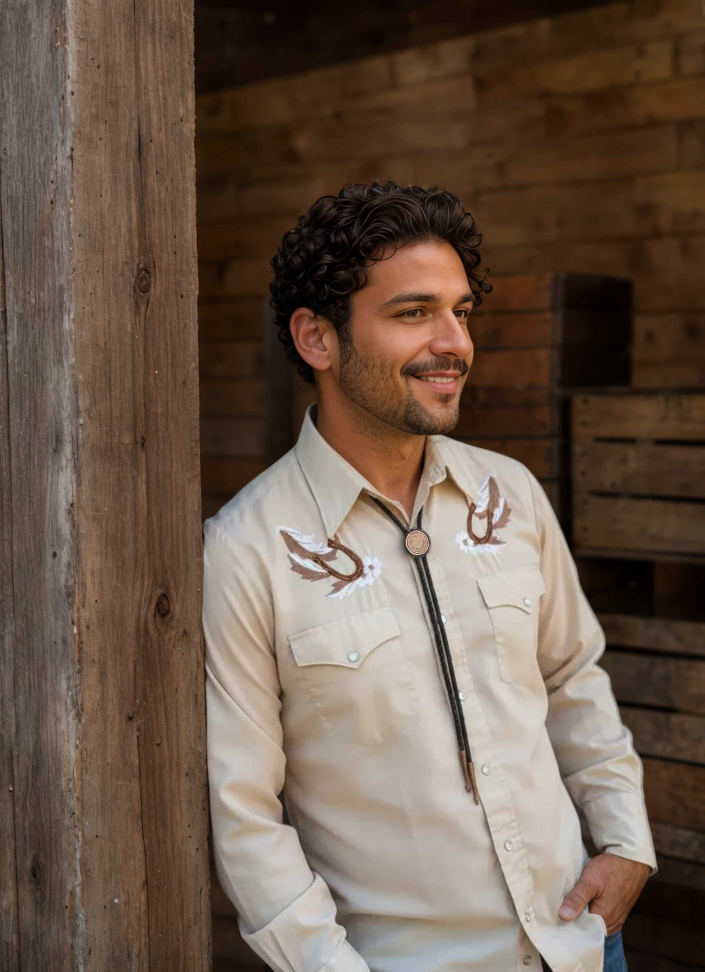 Redwood slice bolo tie with black leather chord worn by a smiling man, leaning on the side of a barn. | Camille Torres Designs