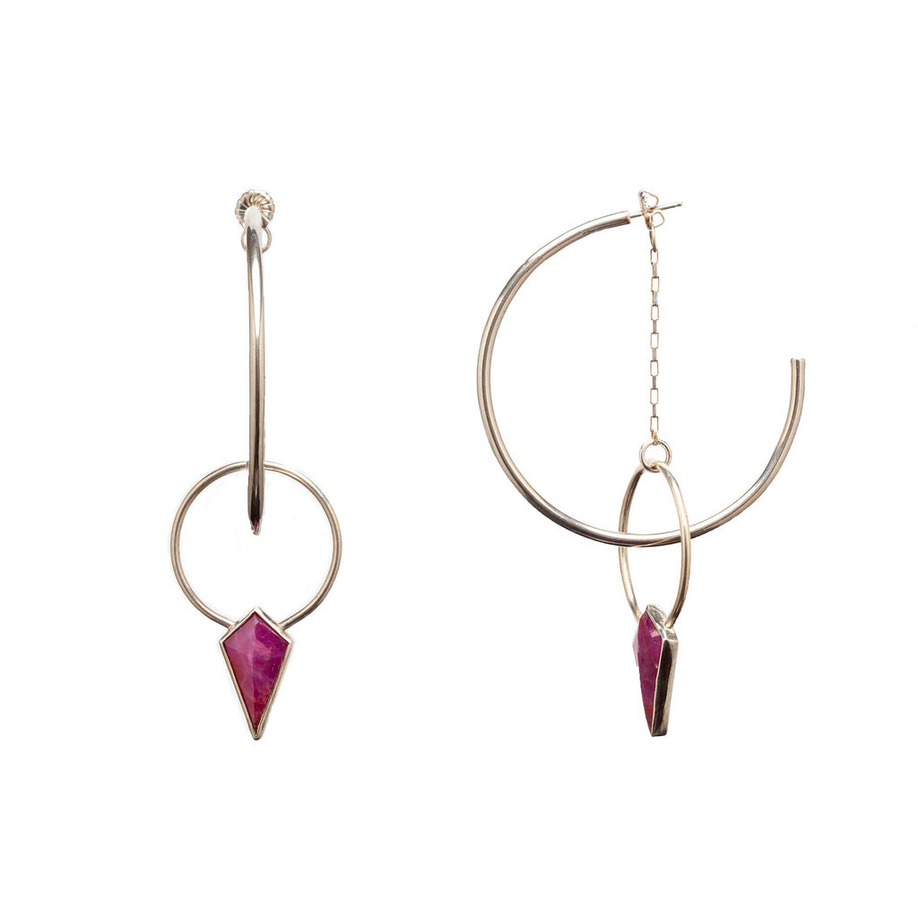 Pair of Ruby Halo Hoops showing large sterling silver hoops with kite-shaped ruby earring jackets on white background