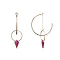 Pair of Ruby Halo Hoops showing large sterling silver hoops with kite-shaped ruby earring jackets on white background