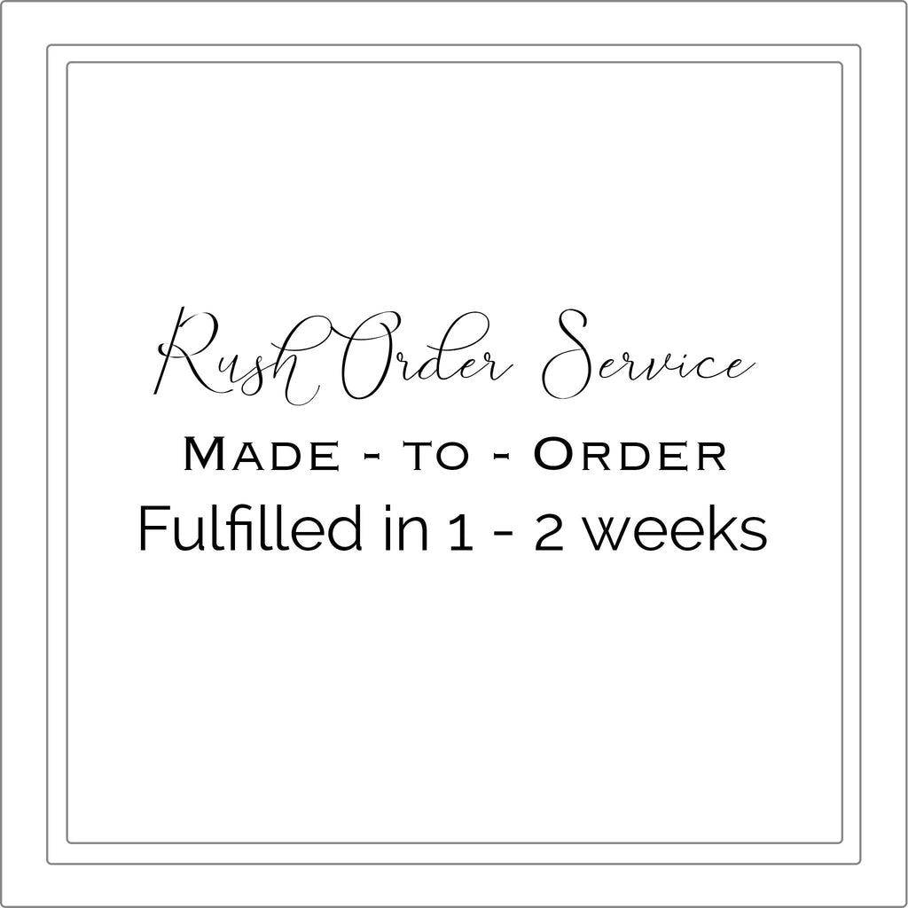 Text explaining that Rush order service for Made to Order jewelry will be fulfilled in 1 - 2 weeks | Camille Torres Designs