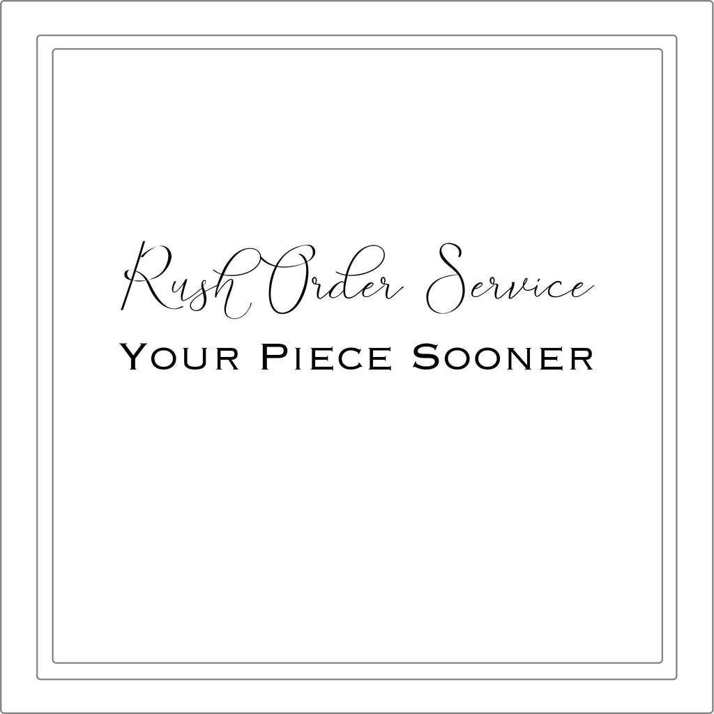 Text 'Rush Order Service Your Piece Sooner' in a decorative frame on a white background