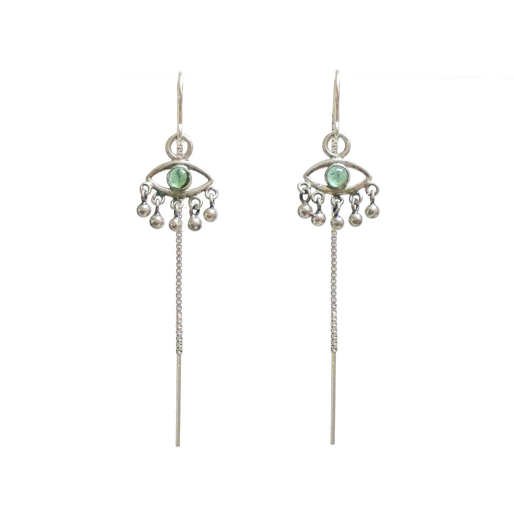 Sentinel Threader Earrings – Evil Eye | Green Tourmaline & Silver