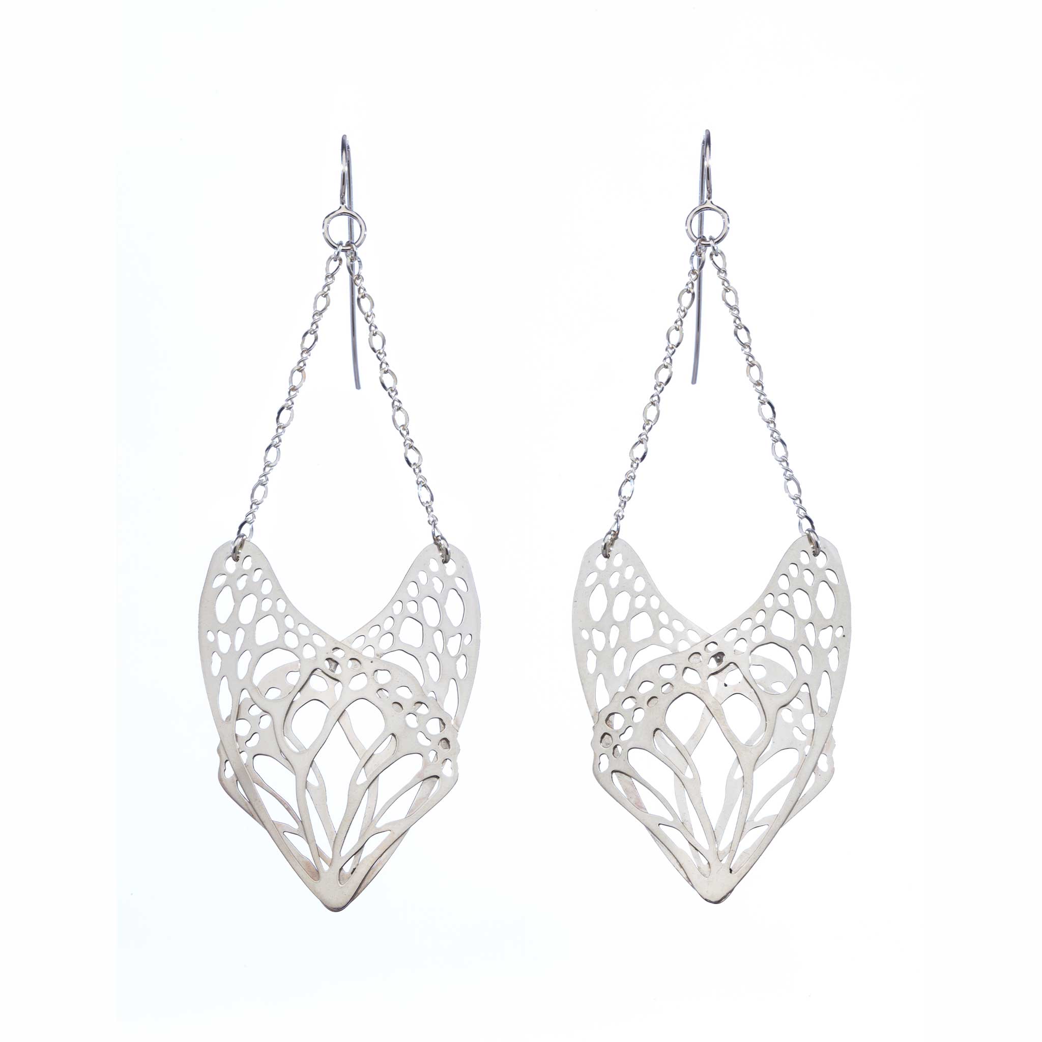 Pair of silver Slumber monarch butterfly earrings on a white background