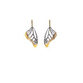 Butterfly wing mixed metal black and gold dangle earrings with 14k ear wires on a white background