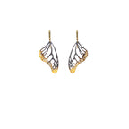 Butterfly wing mixed metal black and gold dangle earrings with 14k ear wires on a white background