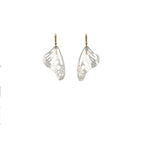 Pair of silver Monarch wing earrings with gold ear wires on a white background