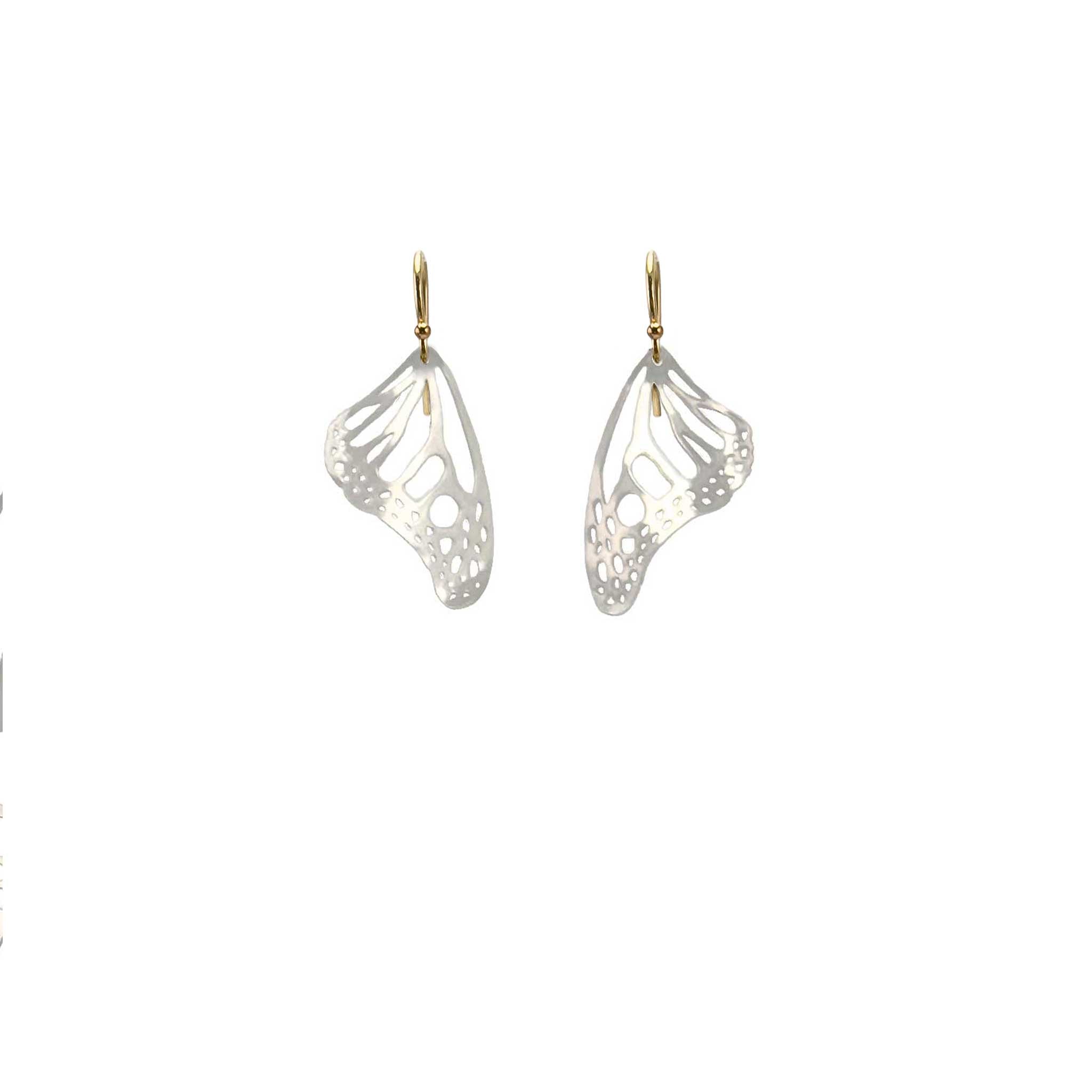 Pair of silver Monarch wing earrings with gold ear wires on a white background
