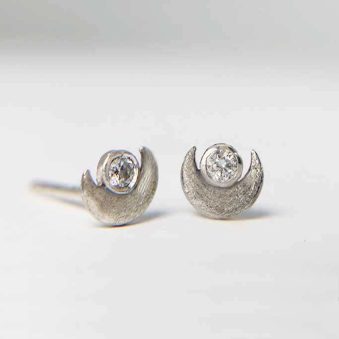 Veiled Moon Stud Earrings - Sterling Silver and Diamonds